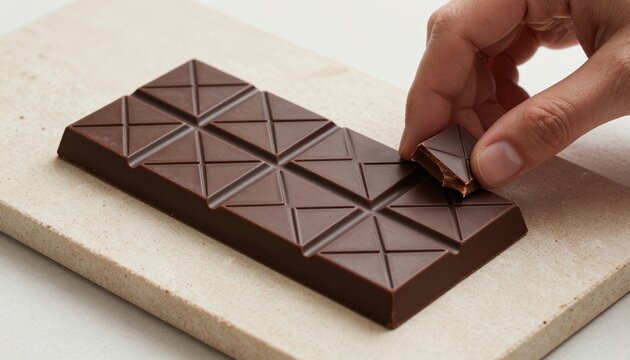 Premium dark chocolate bar with geometric pattern on minimalist beige stone slab