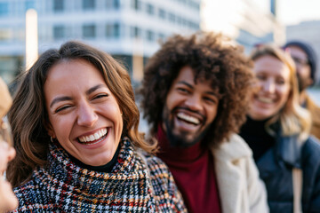 Obraz premium Diverse group of friends spending time together in a modern city square, genuine laughter and connection, bright natural sunlight, realistic lifestyle scene