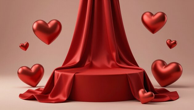 High-end commercial product display with a square red satin podium and floating hearts