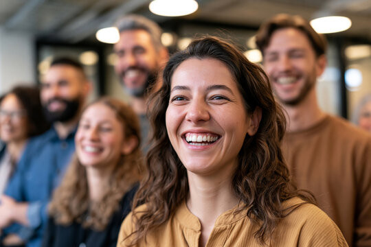 woman smiling in a cheerful indoor space, possibly an office or meeting room, close-up shot of a woman with others in the background, positive and professional environment.