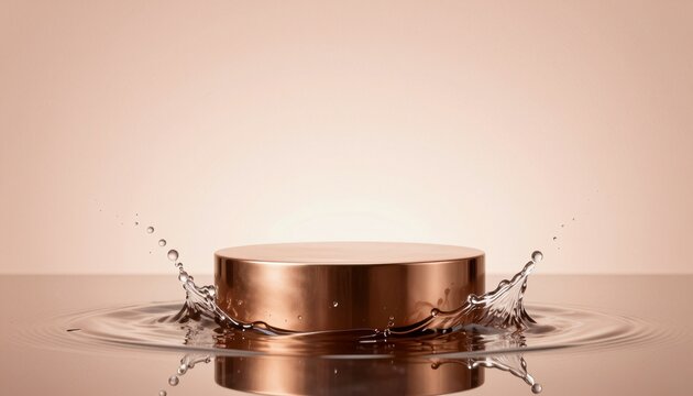 Professional studio photograph of a polished cylindrical bronze pedestal with mirror-like finish and water splashes