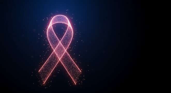 Luminous pink ribbon with sparkling particles against a dark abstract background symbolizing hope and awareness