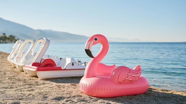 Pink flamingo inflatable and pedal boats resting on a beach, creating a vibrant scene for summer vacation fun
