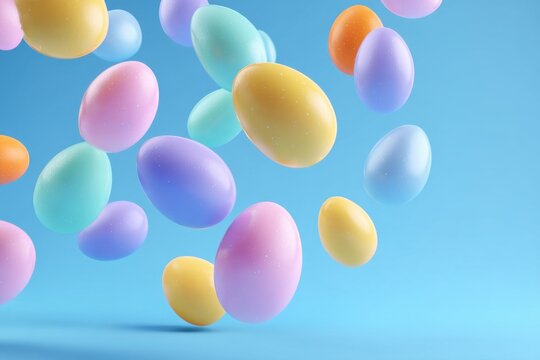 A festive collection of colorful pastel easter eggs floating in the air against a bright and cheerful solid light blue background studio setting