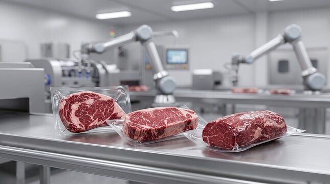 Automated Meat Packaging Line with Collaborative Robots in Modern Food Processing Facility