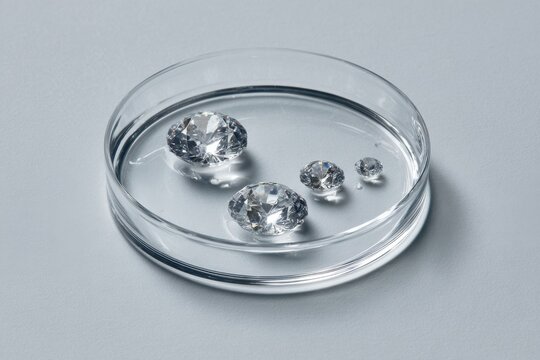 A clear glass petri dish containing several transparent water droplets of varying sizes isolated on a plain light grey studio background surface