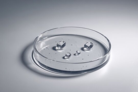 A clear glass petri dish containing three small transparent liquid droplets sitting on a clean white laboratory surface for scientific research and testing