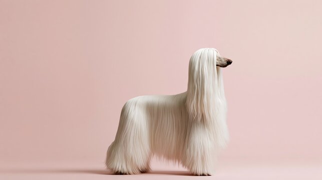 Afghan hound dog standing in profile with long elegant white hair against a soft pink background