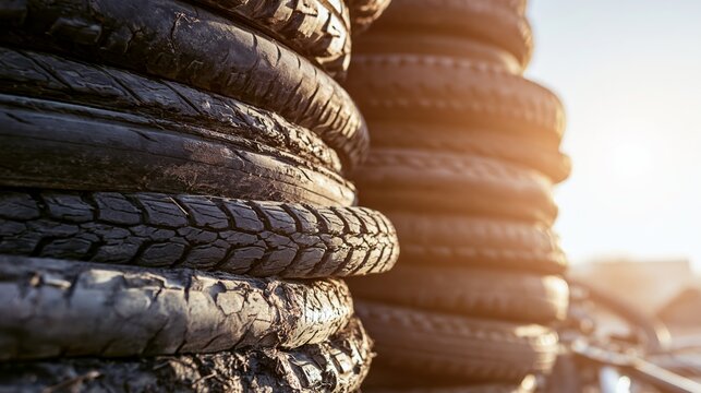 Stacked worn bicycle tires outdoors, highlighting rubber texture, cracks, and signs of age and reuse