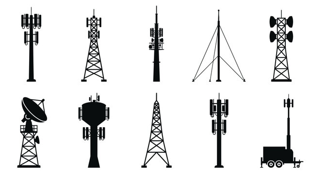 Cell Tower Silhouette Vector Collection Set with Various Communication Masts and Antennas