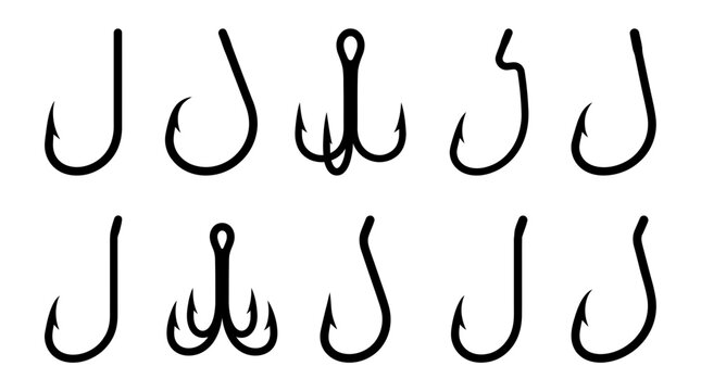Fishing Hook Silhouette Collection Set with Various Fishhooks and Tackle Designs
