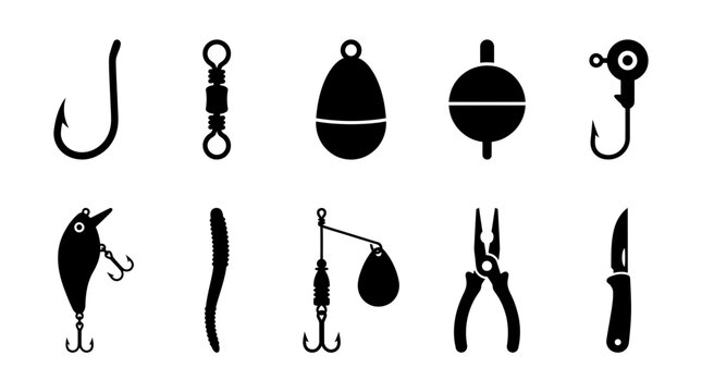 Fishing Tackle Silhouette Icon Set Featuring Hooks Lures Sinkers and Tools