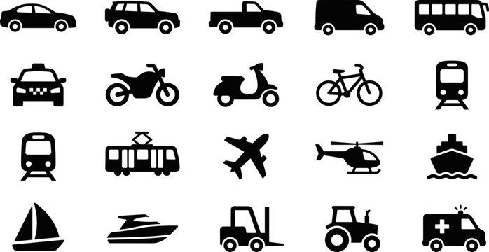 Set of Various Transportation Icons Collection for Travel and Logistics.