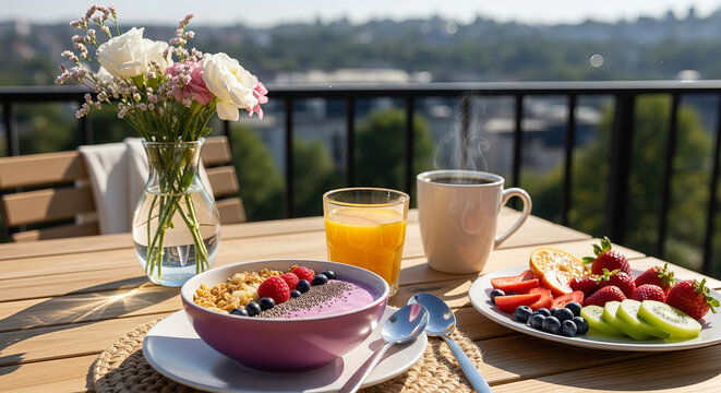 Healthy Breakfast with Smoothie Bowl, Fresh Fruits, Coffee and Orange Juice on Sunny Balcony Table