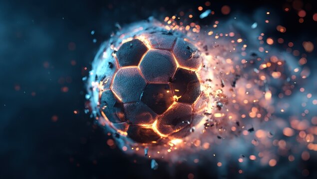 A dynamic soccer ball flying through the air with a glowing trail of fire and digital particles on a dark blue background