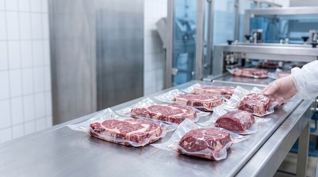 Vacuum sealed raw beef steaks arranged on a sterile metal table in a processing facility