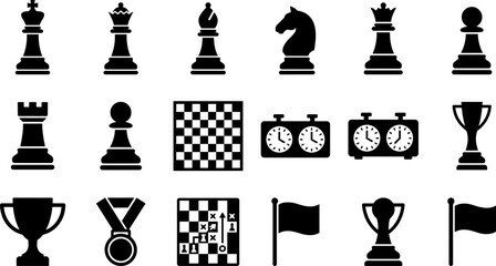 Set of black chess game icons including pieces board clock and awards. © barry