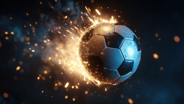 A soccer ball flying through the air at high speed leaving a trail of bright orange sparks and flames against a dark background