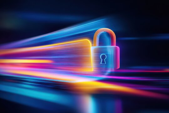 A glowing digital padlock symbol representing high speed data security and online protection concepts with vibrant neon light trails on a dark background