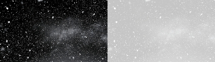 Naklejka premium Heavy winter snowfall overlay on black and transparent background. Falling snowflakes blizzard texture
