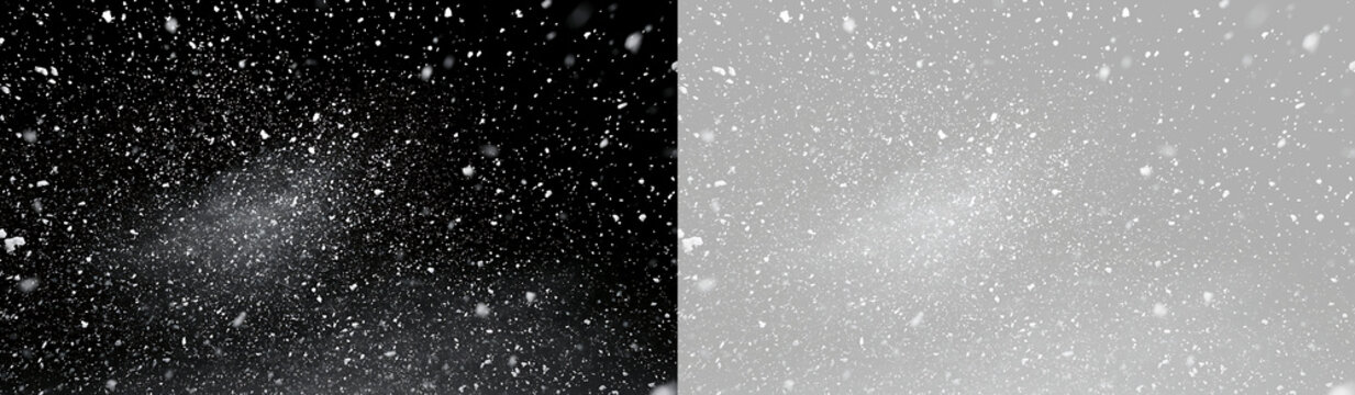 Heavy snowfall and blizzard particle overlay on black and transparent grid. Flying winter snow flakes background texture