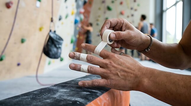 Rock climber wrapping white athletic tape around fingers