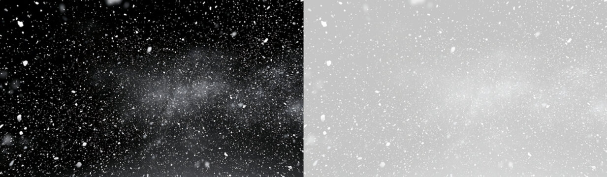 Heavy winter snowfall overlay on black and transparent background. Falling snowflakes blizzard texture