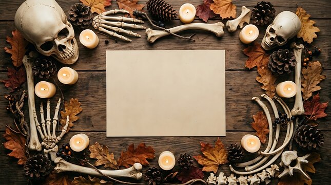 Happy halloween background featuring a blank paper frame surrounded by human skulls bones autumn leaves and glowing tea light candles