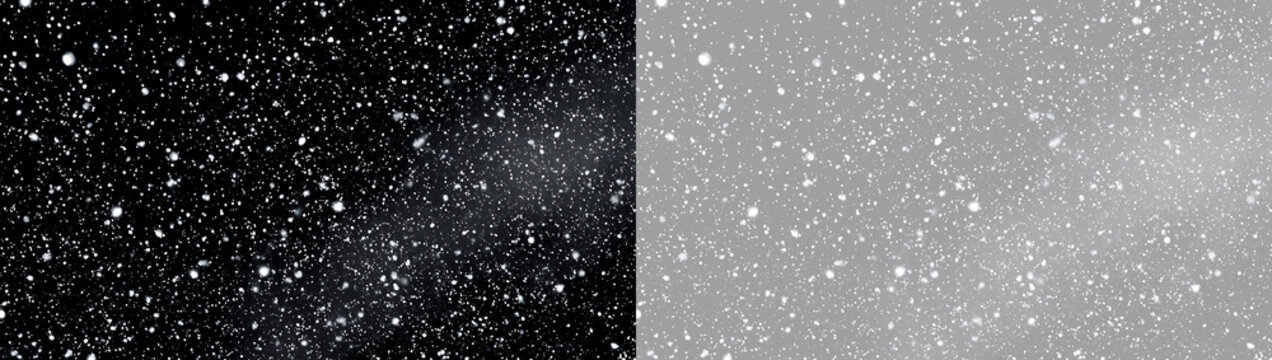 Winter snowfall overlay texture on transparent and black background. Falling snow particles effect for photo editing