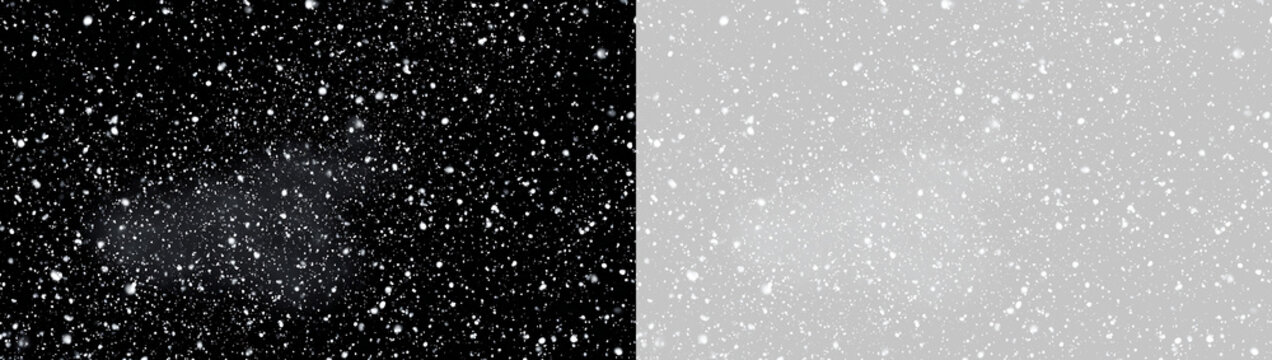 Falling snowfall effect texture overlay on black and transparent background. Winter snow particles for photo blending