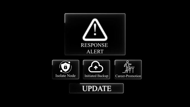 Digital interface display featuring a white warning triangle with the text response alert above three smaller and the word update below