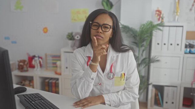 Woman doctor wearing lab coat and glasses sits at desk in medical building with stethoscope and keyboard, finger to lips for silence; concern empathy.