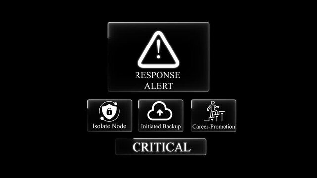 Digital interface display featuring a white warning triangle with the text response alert above three smaller and the word critical below