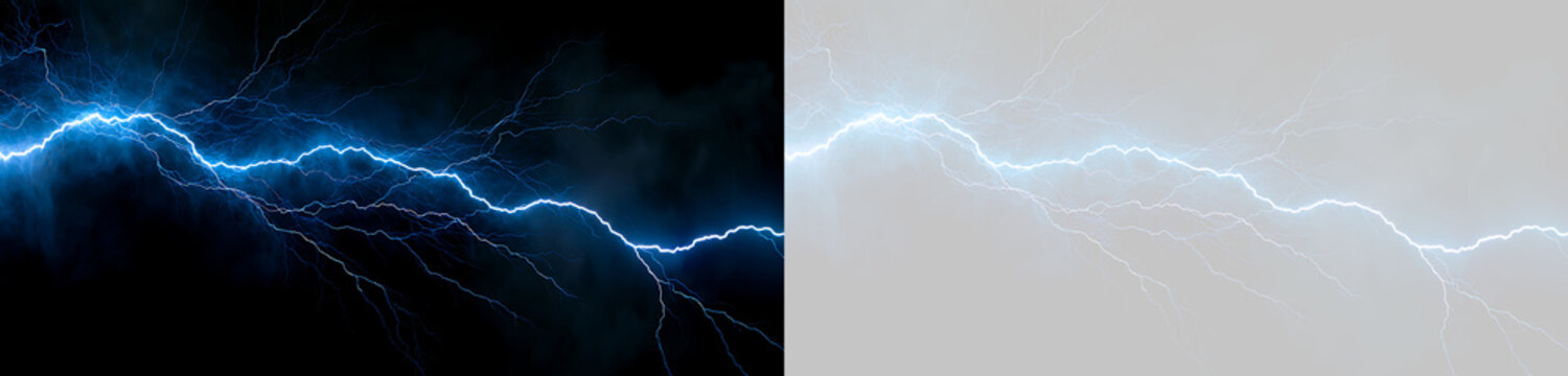 Blue electric lightning bolt overlay with energetic plasma branches. Thunderstorm electrical discharge on transparent background