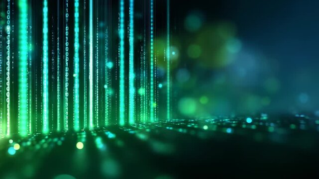 Vivid green vertical lines of binary code cascade against a dark backdrop, symbolizing digital transformation and advanced computing. Futuristic ambiance highlights cyber technology trends