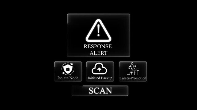 Digital interface display showing a response alert warning with a scan status button and for node isolation backup and career promotion