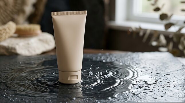 Beige cosmetic cream tube standing on dark wet stone surface with water ripples