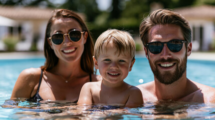 Fototapeta premium Exquisite family swimming under bright warm season sunshine, elegant residential pool setting, natural interaction and smiles, clean commercial lifestyle aesthetic,