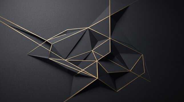  Modern futuristic dark gray 3D triangles composition with metallic gold wireframe network layout.