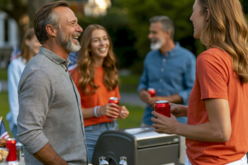 Fototapeta premium Gorgeous backyard barbecue party with family and friends celebrating the 4th of July, grilling dish, cold drinks, patriotic accents, cheerful atmosphere,