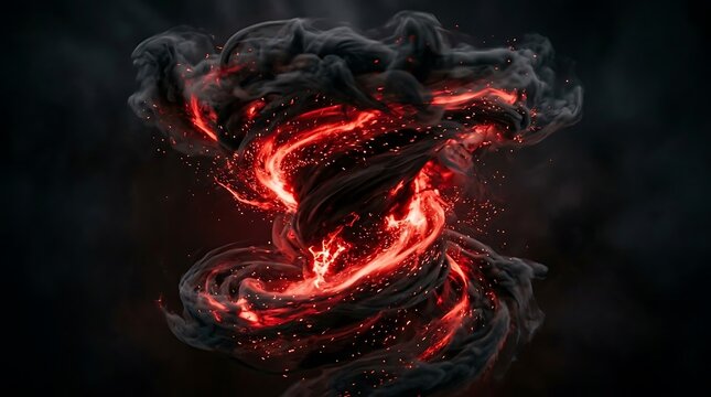 Powerful vortex of fire and black smoke against darkness