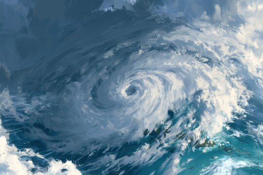 Cinematic weather illustration: hurricane over Caribbean waters with intense clouds and approaching coastline