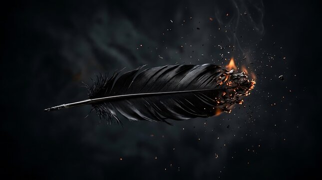 Single black feather burning with sparks and embers on dark background