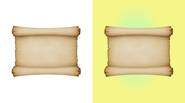 An aged parchment scroll with curled edges and a blank center, isolated on a white background, for historical or, fantasy documents isolated on a transparent background