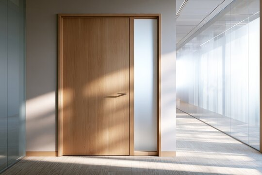 Closed conference room door in a modern office corridor