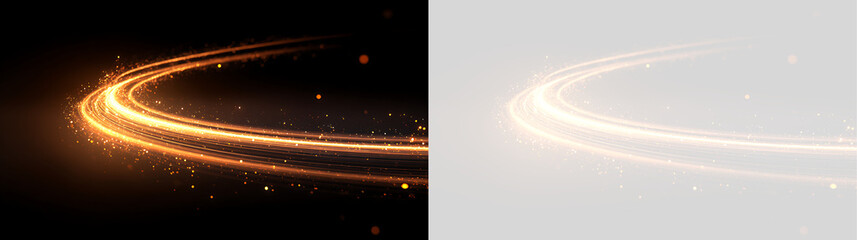Gold light trail effect with glowing sparkles and particles. Curved light streak overlay on transparent background © Алекс Ачкасов