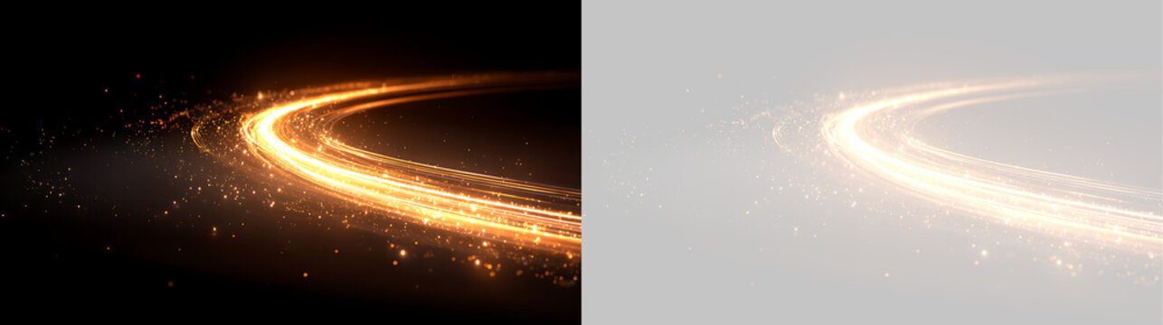 Curved golden light wave with sparkling glitter particles. Glowing motion trail isolated on black and transparent background. Abstract high speed energy effect