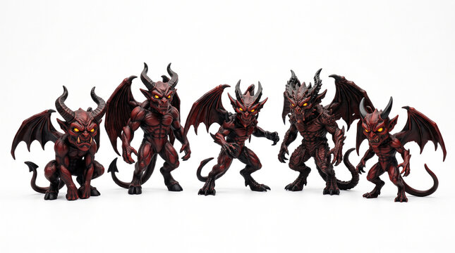 Five menacing horned demon figurines standing together against a bright plain white background setting with demonic creature figurines displays collection five with detailed red demonic