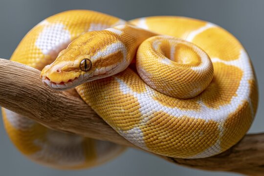 Close-up of a banana morph piebald ball python resting on a branch with detailed textures and creamy patches