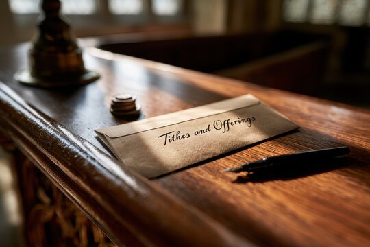 Close-up of a beige Tithes and Offerings envelope on a wooden church pew with coins and a pen, warm natural light